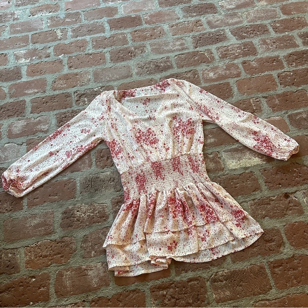 Princess Polly Cream & Red Floral Sheer V-Neck Wide Smocked Waist Mini Dress 8 - Picture 13 of 16